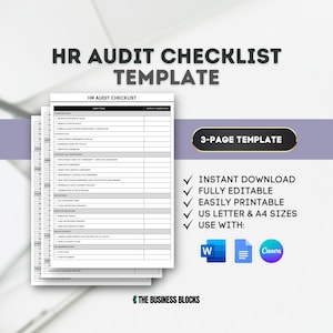 May include: A black and white HR Audit Checklist template with a 3-page template label. The checklist includes sections for compensation, employee onboarding, employee procedures, departures, employee relations, health and safety, and administration. The template is fully editable and printable in US Letter and A4 sizes. It can be used with Microsoft Word and Canva.