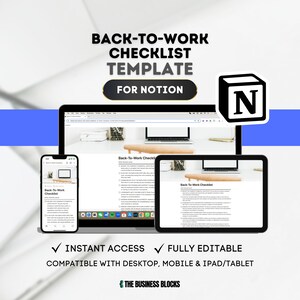 Może przedstawiać: Makieta szablonu Notion do listy kontrolnej powrotu do pracy. Szablon jest wyświetlany na laptopie, tablecie i smartfonie. Szablon jest w pełni edytowalny i kompatybilny z komputerami stacjonarnymi, urządzeniami mobilnymi i iPadem/tabletem. Szablon jest dostępny natychmiast.