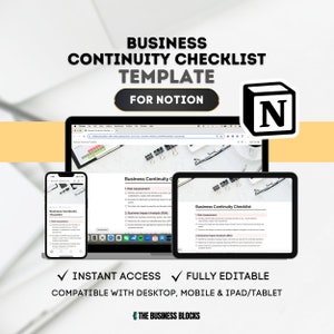 Può includere: Un mockup di un laptop, un tablet e uno smartphone che mostrano un modello di checklist di continuità aziendale per Notion. Il modello è completamente modificabile ed è compatibile con desktop, dispositivi mobili e iPad/tablet. L'immagine include il testo "Modello di checklist di continuità aziendale per Notion" e il logo di Notion.
