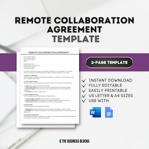 May include: A white and purple document with the title "Remote Collaboration Agreement Template" and a checklist of features. The document is a 2-page template and is compatible with Microsoft Word and Google Docs.