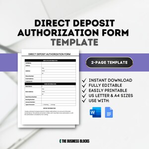 Op de afbeelding: Een zwart-witte printbare sjabloon voor een direct-deposito autorisatieformulier. Het formulier bevat secties voor werknemersinformatie, bankinformatie en stortingsinformatie. De sjabloon is direct te downloaden en volledig bewerkbaar. Het is te printen in US Letter en A4 formaten. De sjabloon kan worden gebruikt met Microsoft Word en Google Docs.