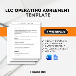 May include: A 3-page template for an LLC operating agreement. The template is fully editable and printable in US Letter and A4 sizes. The template can be used with Microsoft Word and Google Docs.