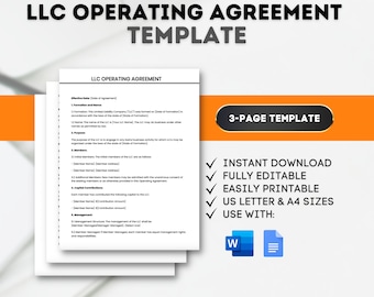 LLC Operating Agreement Template LLC Documents Business Startup Forms Editable Owners Contract Single Member Operating Agreement for LLC