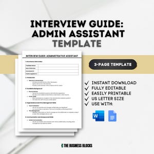 Op de afbeelding: Een printbare interviewgids-sjabloon voor een functie als administratief assistent. De gids is een sjabloon van 3 pagina's en bevat secties voor interviewee-informatie, welkom en introducties, kandidaat-achtergrond, organisatorische en tijdmanagementvaardigheden, communicatie- en interpersoonlijke vaardigheden en meer. De sjabloon is volledig bewerkbaar en kan worden gebruikt met Microsoft Word of Google Docs.