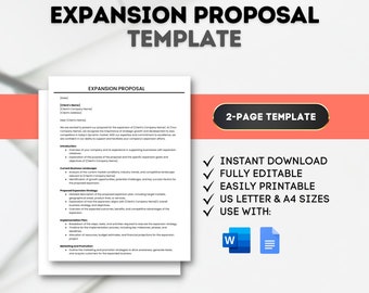 May include: A white and blue template for an expansion proposal. The template is for a two-page document and is fully editable. It is available in US Letter and A4 sizes. The template can be used with Microsoft Word.