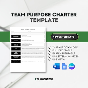 May include: A black and white printable team purpose charter template with the title "Team Purpose Charter Template" and the text "1-Page Template". The template includes sections for team name, team leader, project name, background, mission and objectives, budget and resources, scope, team members, communication guidelines, and resources and support. The template is designed to be used with Microsoft Word and Canva.