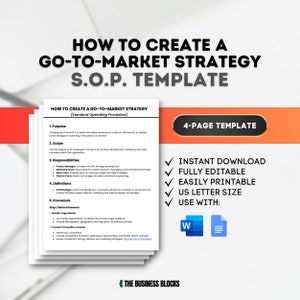 Puede incluir: Un gráfico azul y blanco con el texto "How to Create a Go-to-Market Strategy S.O.P. Template" y una lista de características, que incluyen "Descarga instantánea", "Totalmente editable", "Fácil de imprimir", "Tamaño carta de EE. UU." y "Usar con: Word y Google Docs".