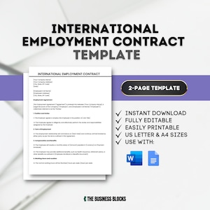 May include: A blue and white template for an international employment contract. The template is a two-page document and is fully editable. It is available for instant download and can be printed in US Letter or A4 sizes. The template can be used with Microsoft Word or Google Docs.