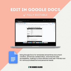 May include: A laptop computer displaying a Google Docs document with a virtual assistant client intake form. The text "EDIT IN GOOGLE DOCS" is displayed above the laptop. The text "FULLY EDITABLE" is displayed below the text "EDIT IN GOOGLE DOCS". The text "Using Google Docs for templates streamlines document creation, enhances collaboration, and ensures easy accessibility, making it a time-efficient and user-friendly tool for various professional and personal needs." is displayed below the laptop.