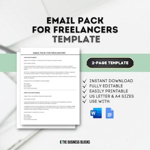 Pode incluir: Um modelo de pacote de e-mail digital para freelancers. O design apresenta um documento branco com texto de exemplo, um botão de modelo de 2 páginas verde e preto e marcas de seleção indicando recursos. Inclui tamanhos US Letter e A4.
