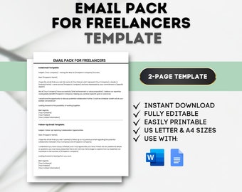 May include: A digital email pack template for freelancers. The design features a white document with example text, a green and black 2-page template button, and checkmarks indicating features. Includes US Letter and A4 sizes.