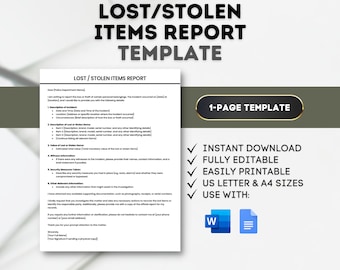 Lost or Stolen Items Report Template Lost Property Report Stolen Items Form Lost and Found Report Property Loss Documentation Theft Incident