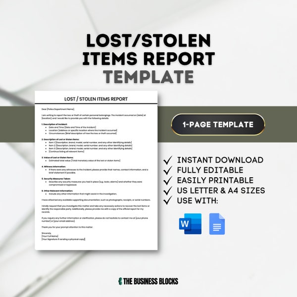 Lost or Stolen Items Report Template Lost Property Report Stolen Items Form Lost and Found Report Property Loss Documentation Theft Incident