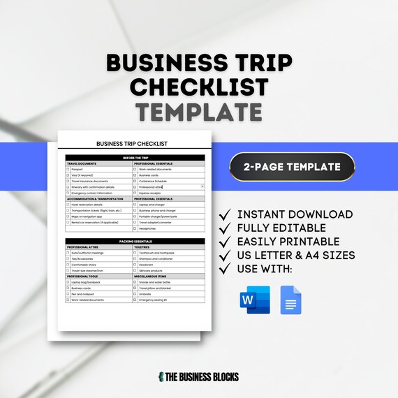 Business Trip Checklist Template: Editable Travel Planner (Digital Download)