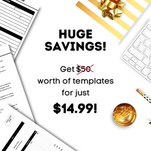 May include: A white background with a gold and white striped surface, a white keyboard, a gold pencil, a gold paperclip holder, and a text overlay that reads "HUGE SAVINGS! Get $50 worth of templates for just $14.99!"