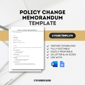 May include: A white and black template for a policy change memorandum. The template is a two-page document and includes sections for the date, subject, policy details, reason for change, key highlights, and implementation plan. The template is available for instant download and is fully editable and printable in US Letter and A4 sizes. The template can be used with Microsoft Word and Google Docs.