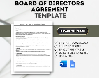 May include: A blue and white template for a board of directors agreement. The template is a two-page document and is fully editable. It is available for instant download and can be printed in US Letter or A4 sizes.