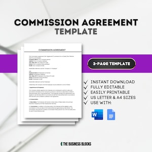 Plantilla de acuerdo de comisión Acuerdo de empleado de ventas Contrato de comisión Acuerdo de empleado Acuerdo de marketing de ventas de comisión Editable