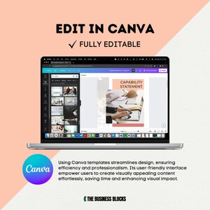 May include: A laptop screen displaying a Canva design template with the text "Capability Statement". The template is a simple, modern design with a black and white colour scheme. The laptop is on a white surface. The text "Edit in Canva" and "Fully Editable" is displayed above the laptop.