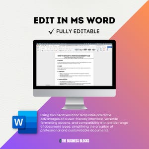 May include: A computer screen displaying a Microsoft Word document with the title "How to Develop a Crisis Management Plan (Standard Operating Procedure)". The text "Edit in MS Word" and "Fully Editable" are displayed above the computer screen. The text "Using Microsoft Word for templates offers the advantages of a user-friendly interface, versatile formatting options, and compatibility with a wide range of document types, simplifying the creation of professional and customizable documents." is displayed below the computer screen.