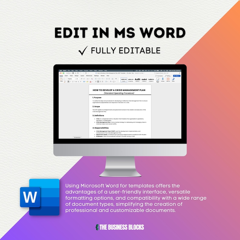May include: A computer screen displaying a Microsoft Word document with the title "How to Develop a Crisis Management Plan (Standard Operating Procedure)". The text "Edit in MS Word" and "Fully Editable" are displayed above the computer screen. The text "Using Microsoft Word for templates offers the advantages of a user-friendly interface, versatile formatting options, and compatibility with a wide range of document types, simplifying the creation of professional and customizable documents." is displayed below the computer screen.
