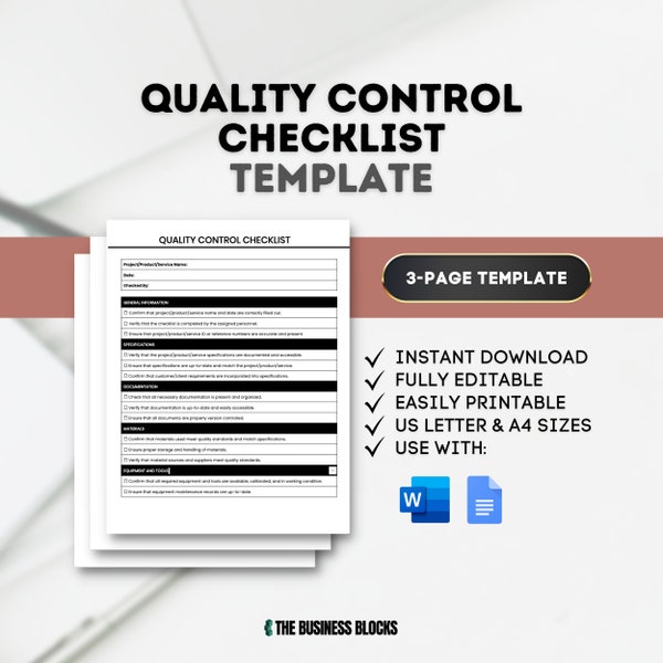 Quality Control Checklist Template Quality Assurance Checklist Manufacturing Quality Checklist QA Management Product Quality Process Audit