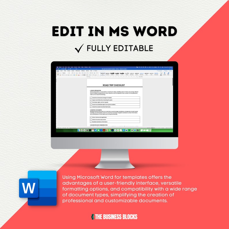 May include: A computer screen displaying a Microsoft Word document with a checklist titled "Road Trip Checklist". The document is fully editable and can be customized using Microsoft Word.