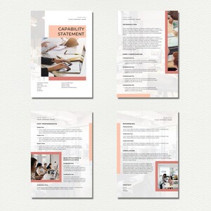 May include: A four-page document with a pink and white colour scheme. The document is a capability statement for a company. It includes sections for introduction, core competencies, past performance, qualifications and certifications, references, conclusion, and contact information.