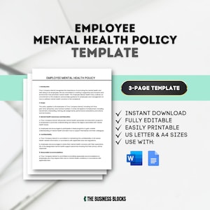 Employee Mental Health Policy HR Templates Human Resources Policies Health and Wellness Employee Onboarding Small Business Employee Health