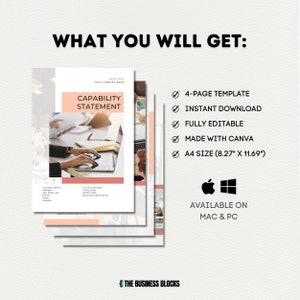 May include: A pink and white capability statement template for Canva. The template is 4 pages long and is available in A4 size (21cm x 29.7cm). The template is fully editable and can be downloaded instantly. The template is available on both Mac and PC.