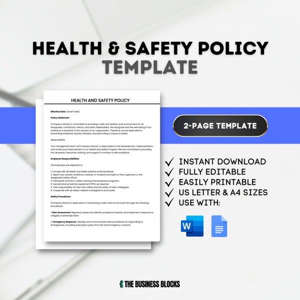 Health and Safety Policy Template Human Resources Employee Onboarding HR Agreements New Hire Policy HR Policies Employee Policies HR Tools