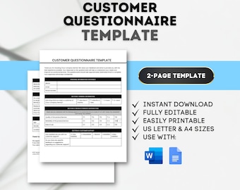 Puede incluir: Una plantilla de cuestionario de clientes en blanco y negro con el texto "CUSTOMER QUESTIONNAIRE TEMPLATE" en la parte superior. La plantilla es una plantilla de 2 páginas y es totalmente editable e imprimible. Está disponible en los tamaños US Letter y A4. La plantilla se puede utilizar con Microsoft Word y Google Docs.