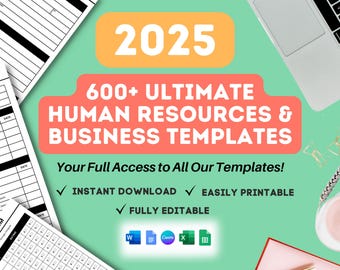 Może przedstawiać: Kolorowa grafika z tekstem "2025 600+ ULTIMATE HUMAN RESOURCES & BUSINESS TEMPLATES" w białym kolorze na czerwonym tle. Tekst "Your Full Access to All Our Templates!" jest w kolorze czarnym na białym tle. Pod tekstem znajdują się trzy znaczniki wyboru z tekstem "INSTANT DOWNLOAD", "EASILY PRINTABLE" i "FULLY EDITABLE". Grafika zawiera również ikony dla Microsoft Word, Google Docs, Canva, Adobe Illustrator i Microsoft Excel.