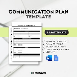 Puede incluir: Una plantilla de plan de comunicación en blanco y negro con el título "Plantilla de plan de comunicación" y el texto "Plantilla de 2 páginas". La plantilla incluye secciones para el nombre del proyecto, el propósito, las partes interesadas clave, los objetivos y objetivos de comunicación, los mensajes clave y los canales de comunicación. La plantilla está disponible para descarga instantánea, es totalmente editable y se puede imprimir fácilmente en tamaños US Letter y A4. Se puede utilizar con Microsoft Word y Google Docs.