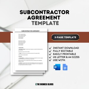 Könnte beinhalten: Eine 3-seitige Subunternehmer-Vertragsvorlage in einem weißen, grauen und braunen Farbschema. Die Vorlage ist vollständig editierbar und druckbar in den Formaten US Letter und A4. Der Text "SUBCONTRACTOR AGREEMENT TEMPLATE" befindet sich oben auf der Seite. Der Text "3-PAGE TEMPLATE" befindet sich in einem braunen Rechteck oben rechts auf der Seite. Der Text "INSTANT DOWNLOAD", "FULLY EDITABLE", "EASILY PRINTABLE", "US LETTER & A4 SIZES" und "USE WITH" befindet sich in einem weißen Rechteck rechts auf der Seite. Der Text "THE BUSINESS BLOCKS" befindet sich unten auf der Seite.