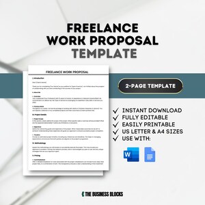 Puede incluir: Una plantilla de propuesta de trabajo independiente blanca y azul con el texto "Freelance Work Proposal Template" en negrita negra. La plantilla es una plantilla de dos páginas y es totalmente editable e imprimible. La plantilla es compatible con Microsoft Word y Google Docs.
