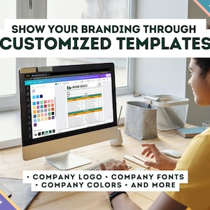 May include: A person customizing a template on a computer screen. The screen shows a color palette and a new hire checklist. The text on the screen reads "New Hire Checklist". The text on the image reads "Show your branding through customized templates. Company logo, company fonts, company colors, and more."