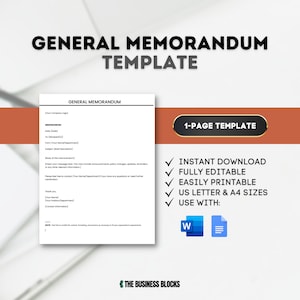 Puede incluir: Una plantilla de memorando general en un documento blanco con una barra de título roja y blanca. El título es "Plantilla de memorando general". El documento es una plantilla de 1 página y es totalmente editable. El documento se puede usar con Microsoft Word y Google Docs.