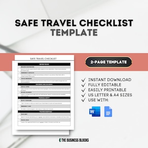 Può includere: Un modello di checklist stampabile per la pianificazione di viaggi sicuri. La checklist è suddivisa in sezioni per prima di partire, documenti e oggetti di valore, sicurezza finanziaria e articoli essenziali da imballare. Il modello è disponibile nei formati US Letter e A4 e può essere modificato in Microsoft Word o Google Docs. Il modello è disponibile per il download immediato.