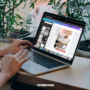 May include: A person working on a laptop computer. The screen shows a web page with a pink and white design that says "Capability Statement".