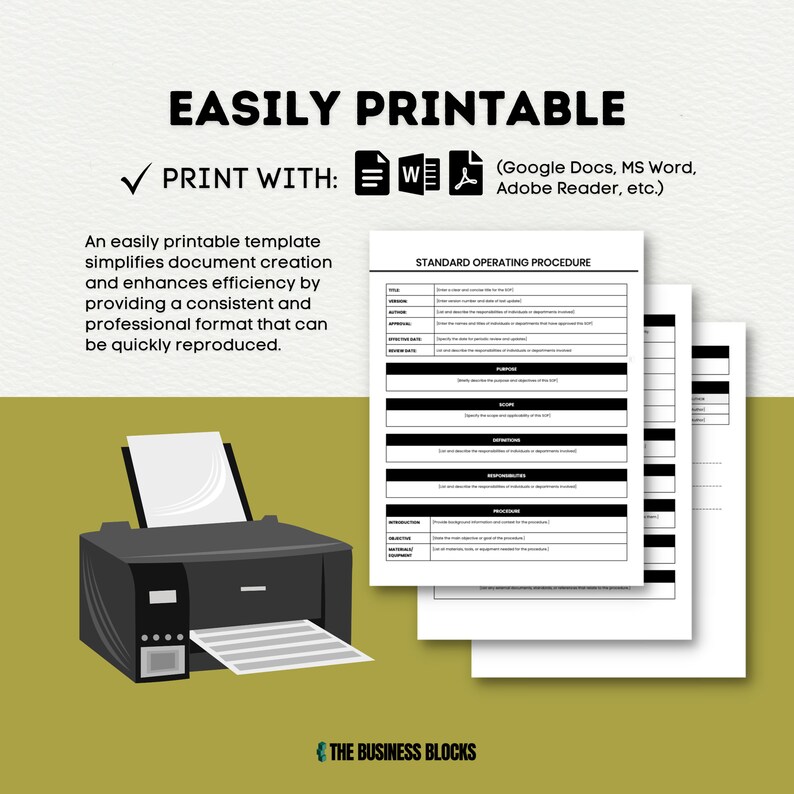 May include: A black and white printer with a standard operating procedure document on a white background. The document is titled "Standard Operating Procedure" and has several sections, including "Title", "Author", "Version Date", "Purpose", "Scope", "Definitions", "Responsibilities", "Procedure", "Objective", "Materials and Equipment", and "Instructions".