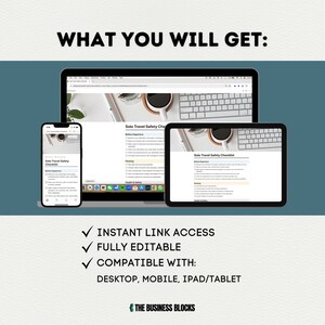 May include: A mockup of a solo travel safety checklist on a laptop, tablet, and smartphone. The checklist is fully editable and accessible on desktop, mobile, and tablet devices. The text on the image reads "Solo Travel Safety Checklist" and "Instant Link Access, Fully Editable, Compatible with: Desktop, Mobile, iPad/Tablet".