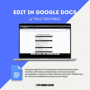 May include: A laptop computer displaying a Google Docs document with a checklist titled "Small Business Start-Up Checklist". The text below the laptop reads "Using Google Docs for templates streamlines document creation, enhances collaboration, and ensures easy accessibility, making it a time-efficient and user-friendly tool for various professional and personal needs." The text at the bottom of the image reads "THE BUSINESS BLOCKS".