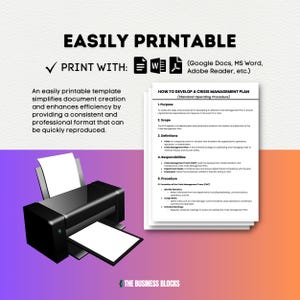May include: A printable template for creating a crisis management plan. The template includes sections for purpose, scope, definitions, responsibilities, and procedures. The template is easily printable and can be used in Google Docs, MS Word, Adobe Reader, and other programs.
