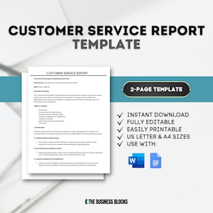 Op de afbeelding: Een blauwe en witte klantenservice rapport sjabloon met een vinklijst van functies, waaronder direct downloaden, volledig bewerkbaar, gemakkelijk te printen, in US Letter en A4 formaten, en te gebruiken met Microsoft Word en Google Docs. De sjabloon is voor een rapport van twee pagina's.