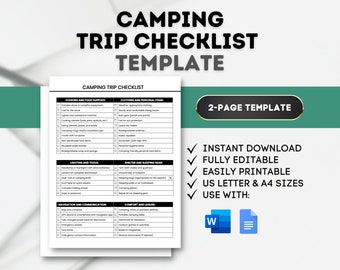Puede incluir: Una plantilla de lista de verificación de viaje de campamento imprimible en un esquema de color azul y blanco. La lista de verificación se divide en categorías como cocina y suministros de alimentos, ropa y artículos personales, iluminación y herramientas, refugio y equipo para dormir, navegación y comunicación, y comodidad y ocio. La plantilla está disponible para descarga instantánea y es totalmente editable. También es imprimible en tamaños US Letter y A4. La plantilla se puede usar con Microsoft Word y Google Docs.