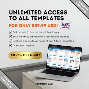 Pode incluir: Um computador port&aacute;til com um fundo branco mostrando um site com uma variedade de modelos. O texto na tela diz "The Business Blocks". O texto na imagem diz "Acesso ilimitado a todos os modelos por apenas $ 59,99 USD!" e lista os benef&iacute;cios de comprar os modelos, incluindo "Obter acesso &agrave; nossa biblioteca completa de modelos", "Mais de 300 modelos instantaneamente edit&aacute;veis e imprim&iacute;veis", "Acesso vital&iacute;cio a todos os modelos presentes e futuros" e "Pagamento &uacute;nico".