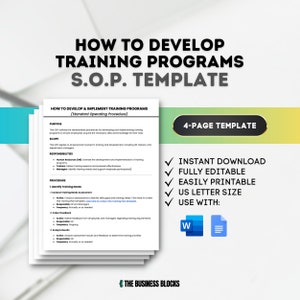 Peut inclure: Un graphique vert et blanc avec le texte "How to Develop Training Programs S.O.P. Template" en texte noir. Le graphique comprend également une liste de contrôle avec des coches et le texte "4-Page Template", "Téléchargement instantané", "Entièrement modifiable", "Facile à imprimer", "Format lettre US", "Utiliser avec :" et des icônes pour Microsoft Word et un document.