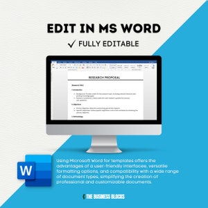 Pode incluir: Um ecr&atilde; de computador a mostrar um documento do Microsoft Word com o t&iacute;tulo "Proposta de pesquisa". O documento &eacute; um modelo para uma proposta de pesquisa e inclui sec&ccedil;&otilde;es para a introdu&ccedil;&atilde;o, os objetivos e a metodologia. O texto "EDIT IN MS WORD" e "FULLY EDITABLE" &eacute; apresentado acima do ecr&atilde; do computador.