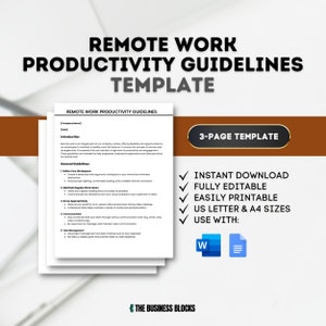 May include: A white and brown template for remote work productivity guidelines. The template is a 3-page document that includes sections for introduction, general guidelines, and more. The template is fully editable and printable in US Letter and A4 sizes. The template can be used with Microsoft Word and Google Docs.